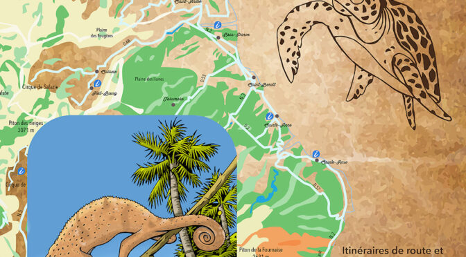 Journal d’explorateur – La carte de La Réunion illustrée à peindre, dessiner et colorier